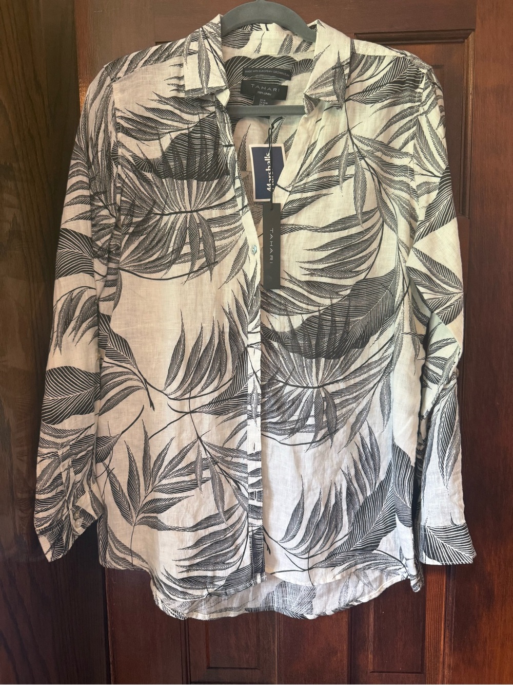 NWT Tahari Black Leaf-Print White Button-Front 100% Linen Washable Shacket M